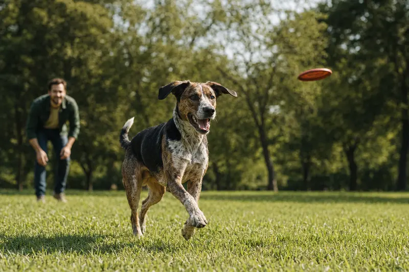 Ein Hamilton-Bracke Hund läuft fröhlich auf einer grünen Wiese, während sein Besitzer im Hintergrund spielt.