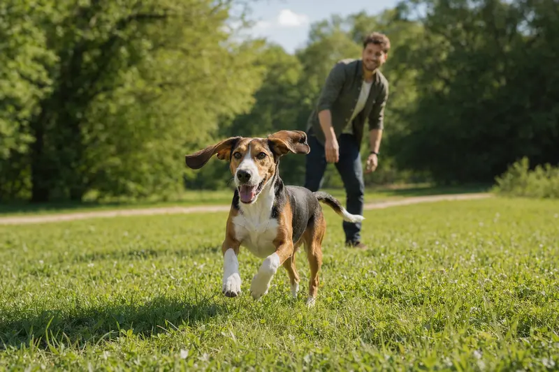 Ein vitaler Hamiltonstövare Hund läuft fröhlich über eine grüne Wiese im Park, während sein Besitzer im Hintergrund mit ihm spielt.