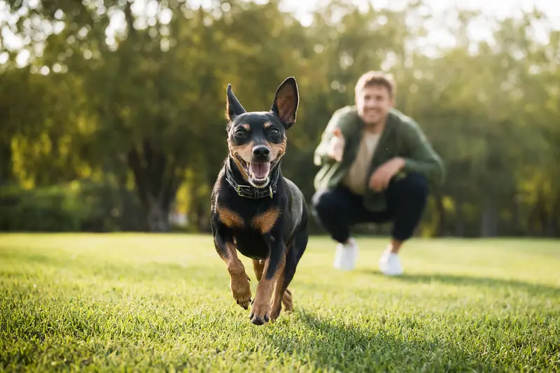 Ein fröhlicher Harlekinpinscher läuft über eine grüne Wiese im Park, während sein Besitzer im Hintergrund spielt.