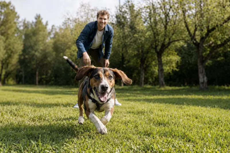 Ein lebhafter Harrier Hund läuft fröhlich über eine grüne Wiese, während sein Besitzer im Hintergrund spielt.