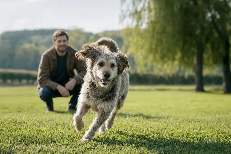 Ein vitaler Poitou Hund läuft fröhlich über eine grüne Wiese im Park, während sein Besitzer im Hintergrund mit ihm spielt.