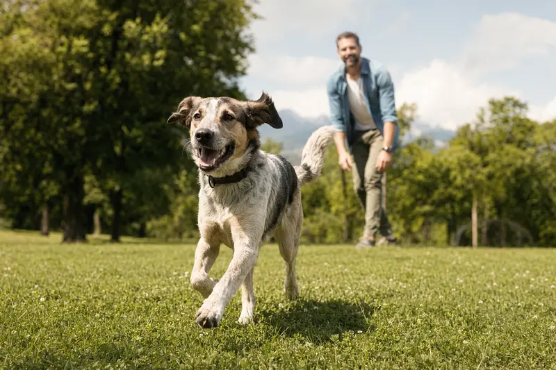 Ein Hellenikos Ichnilatis Hund läuft fröhlich über eine grüne Wiese, während sein Besitzer im Hintergrund mit ihm spielt.