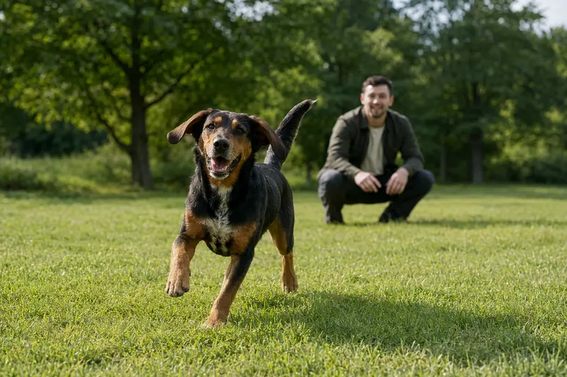 Ein vitaler Hochgebirgsbracke Hund läuft fröhlich über eine grüne Wiese, während sein Besitzer im Hintergrund spielt.