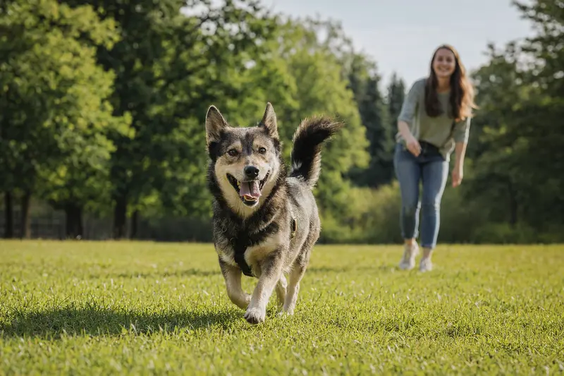 Ein vitaler Hokkaido-Hund läuft fröhlich über eine grüne Wiese im Park, während sein Besitzer im Hintergrund mit ihm spielt.