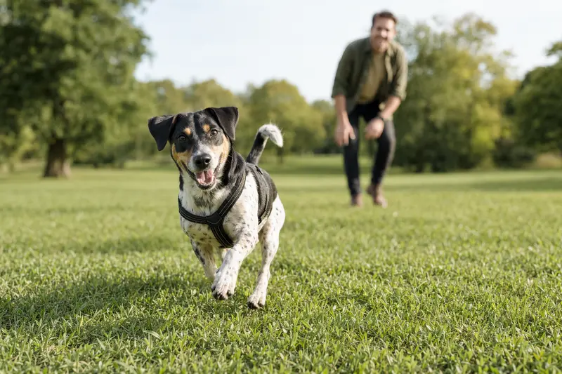 Ein fröhlicher Holländischer Rattler Hund läuft über eine grüne Wiese, während sein Besitzer im Hintergrund spielt und die Sonne scheint.