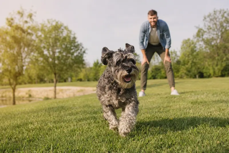 Ein fröhlicher Holländischer Schnauzer läuft über eine grüne Wiese, während sein Besitzer im Hintergrund spielt, was ein aktives und gesundes Leben zeigt.