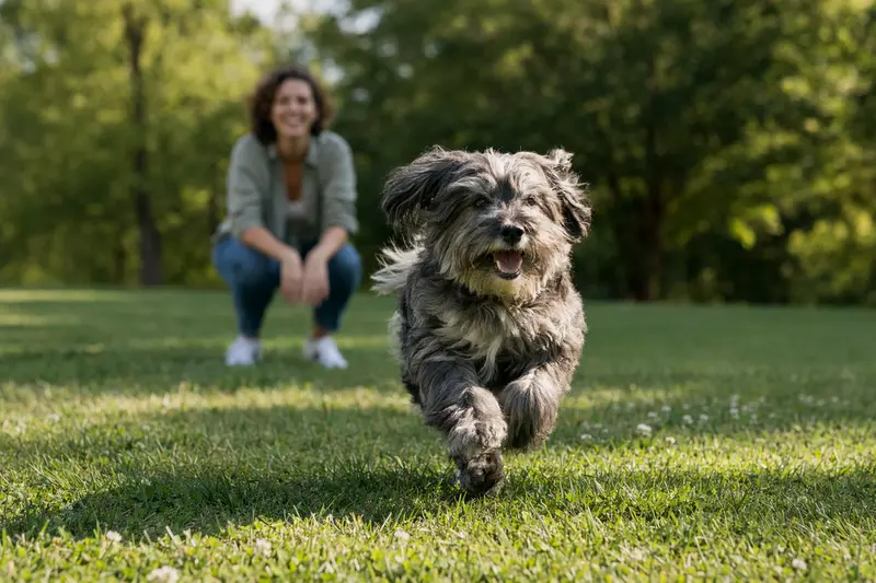 Ein Hollandse Smoushond Hund läuft fröhlich über eine grüne Wiese, während sein Besitzer im Hintergrund spielt.