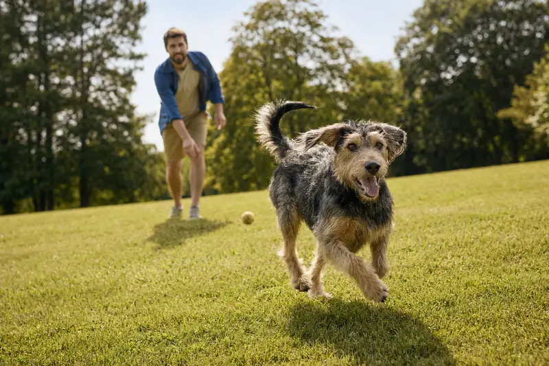 Ein fröhlicher Hruborsty Stavac Slovensky Hund genießt einen sonnigen Tag auf einer grünen Wiese, während sein Besitzer im Hintergrund mit ihm spielt.