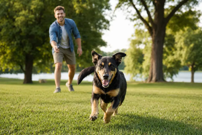 Ein aktiver Huntaway Hund läuft fröhlich über eine grüne Wiese, während sein Besitzer im Hintergrund mit ihm spielt.