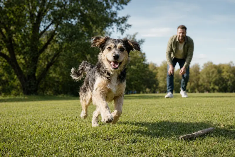 Ein fröhlicher Hybridhund läuft über eine grüne Wiese, während sein Besitzer im Hintergrund spielt.