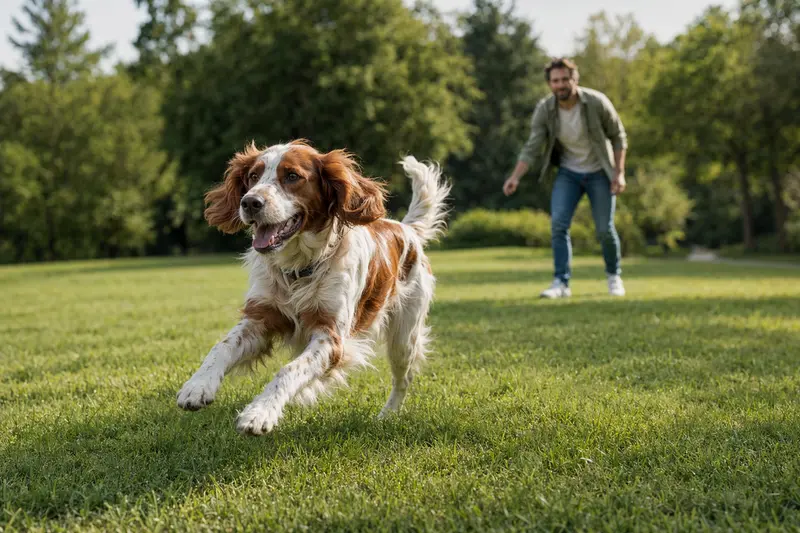 Ein irisch rot-weißer Setter läuft fröhlich über eine grüne Wiese, während sein Besitzer im Hintergrund mit ihm spielt.