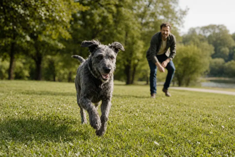 Ein vitaler Irish Blue Terrier spielt fröhlich mit seinem Besitzer auf einer grünen Wiese an einem sonnigen Tag.