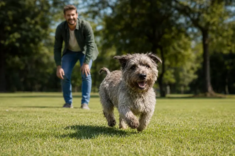 Ein fröhlicher Irish Glen of Imaal Terrier läuft über eine grüne Wiese, während sein Besitzer im Hintergrund mit ihm spielt.