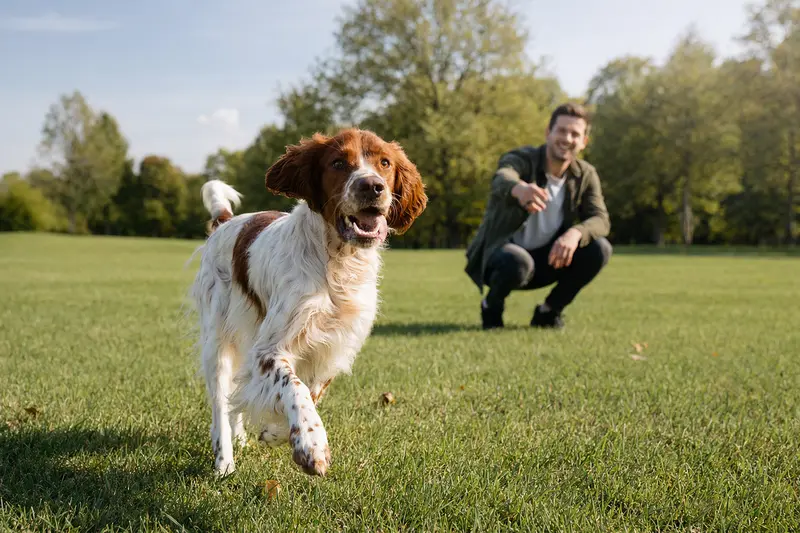 Ein fröhlicher Irish Red and White Setter läuft über eine grüne Wiese, während sein Besitzer im Hintergrund mit ihm spielt.