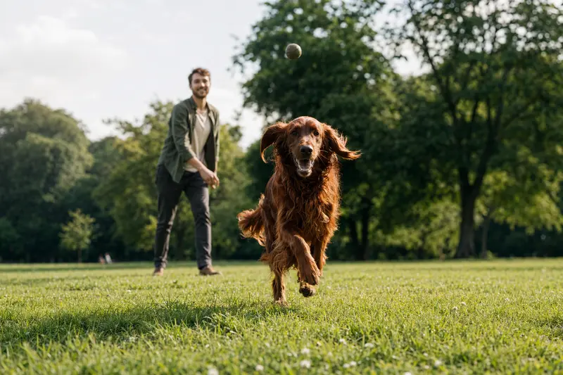 Ein vitaler Irish Setter Hund läuft glücklich über eine grüne Wiese, während sein Besitzer im Hintergrund spielt.