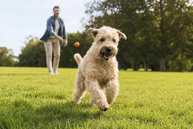 Ein lebhafter Irish Soft-Coated Wheaten Terrier läuft energiegeladen über eine grüne Wiese, während sein Besitzer im Hintergrund mit ihm spielt.