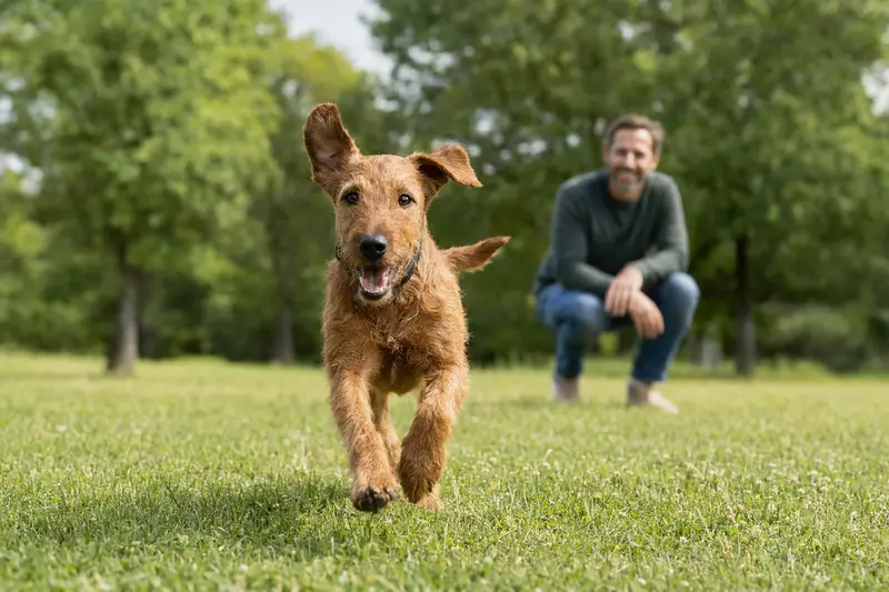 Ein lebensfroher Irish Terrier spielt auf einer grünen Wiese während sein Besitzer ihn beobachtet.
