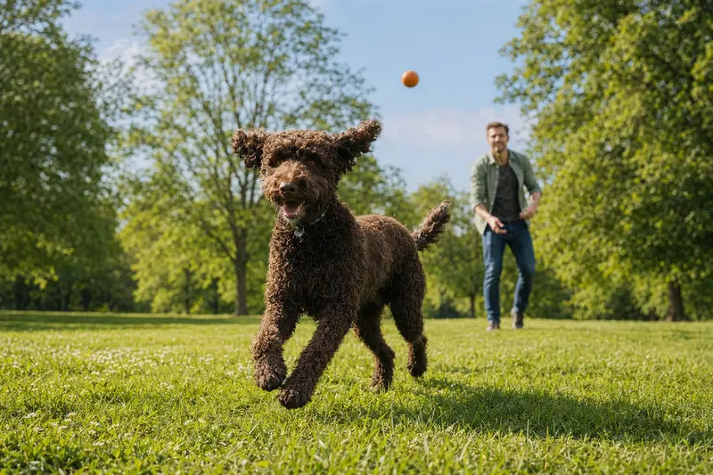 Ein irischer Wasser Spaniel läuft fröhlich über eine grüne Wiese, während sein Besitzer im Hintergrund mit ihm spielt.