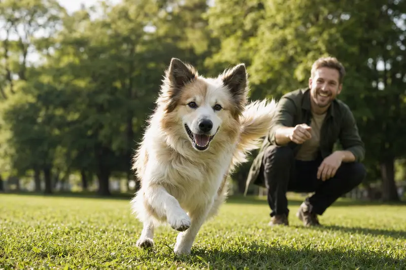 Ein fröhlicher isländischer Schäferhund läuft über eine grüne Wiese, während sein Besitzer im Hintergrund mit ihm spielt.