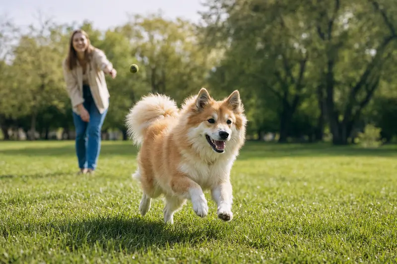 Ein gesunder Isländischer Spitz Hund läuft fröhlich über eine grüne Wiese, während sein Besitzer im Hintergrund mit ihm spielt.