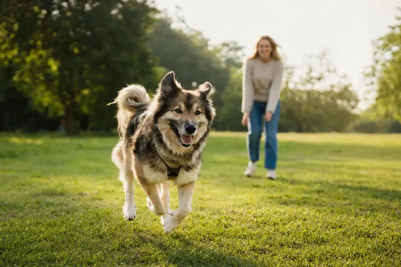 Ein fröhlicher Islandhund läuft über eine grüne Wiese, während sein Besitzer im Hintergrund mit ihm spielt und die Sonne scheint.