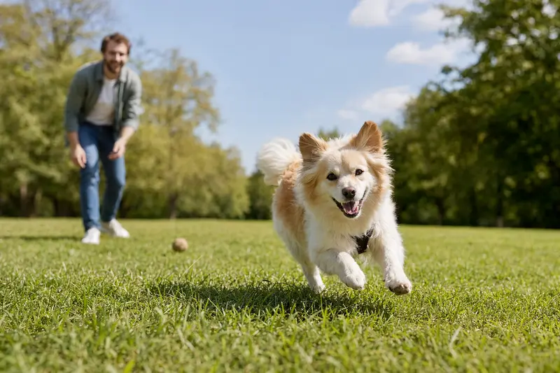 Ein vitaler Israel Spitz Hund läuft fröhlich über eine grüne Wiese, während sein Besitzer im Hintergrund mit ihm spielt.