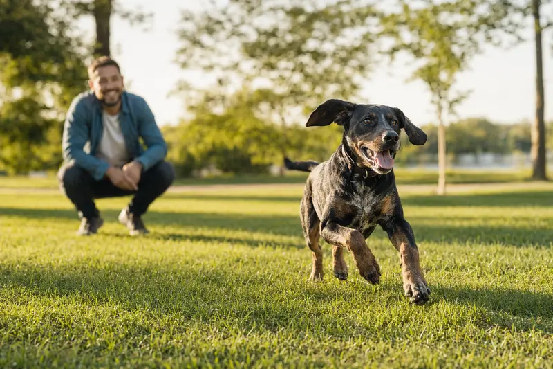 Ein Istarski Kratkodlaki Gonic Hund läuft fröhlich über eine grüne Wiese, während sein Besitzer im Hintergrund spielt.