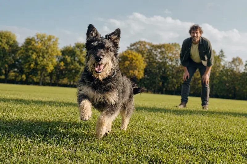 Ein vitaler Istrianer Schäferhund läuft fröhlich über eine grüne Wiese im Park.