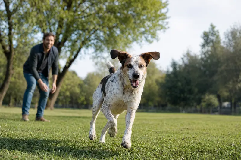 Ein Italienischer Laufhund rennt fröhlich über eine grüne Wiese im Park, während sein Besitzer im Hintergrund mit ihm spielt.
