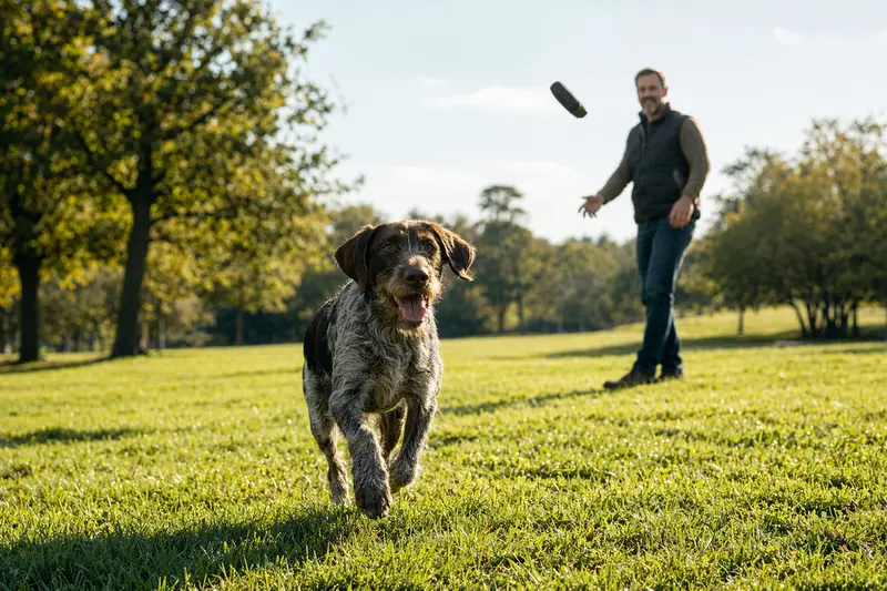 Ein Italienischer Rauhhaariger Vorstehhund läuft fröhlich über eine grüne Wiese in einem Park, während sein Besitzer im Hintergrund mit ihm spielt.