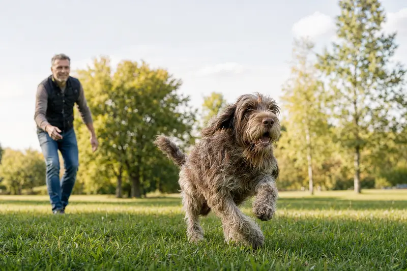 Ein vitaler Italienischer Spinone läuft fröhlich über eine grüne Wiese im Park, während sein Besitzer im Hintergrund spielt.
