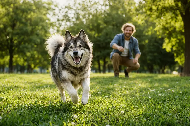 Ein vitaler Jakutische Laika Hund, der fröhlich über eine grüne Wiese läuft, während sein Besitzer im Hintergrund spielt.