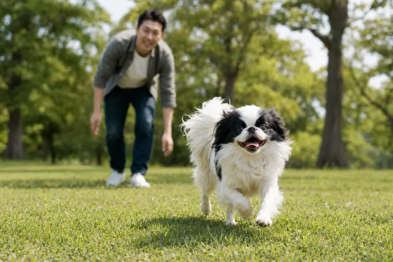 Ein Japaner-Chin Hund läuft fröhlich über eine grüne Wiese, während der Besitzer im Hintergrund mit ihm spielt.