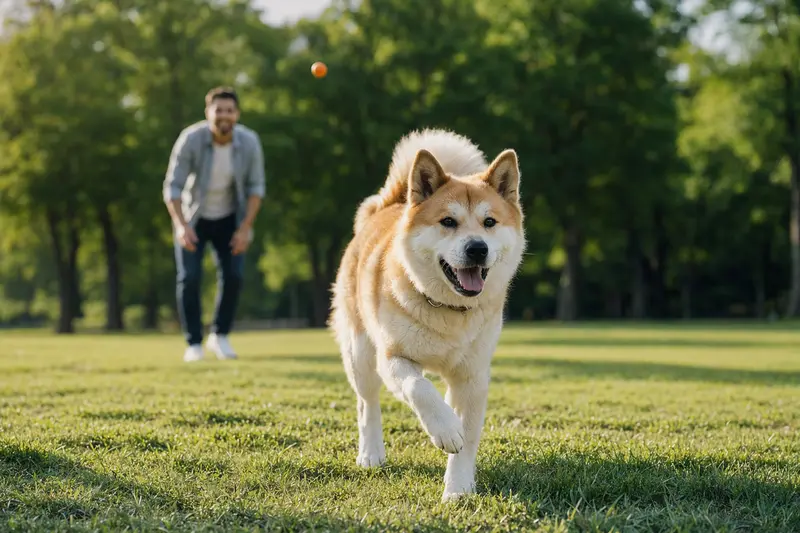 Ein fröhlicher Japanischer Akita Hund läuft über eine grüne Wiese, während sein Besitzer im Hintergrund mit ihm spielt.