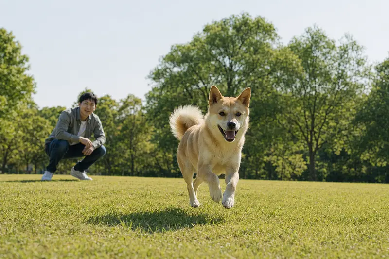 Ein vitaler Jindo Hund läuft fröhlich über eine grüne Wiese im Park, während sein Besitzer im Hintergrund mit ihm spielt.
