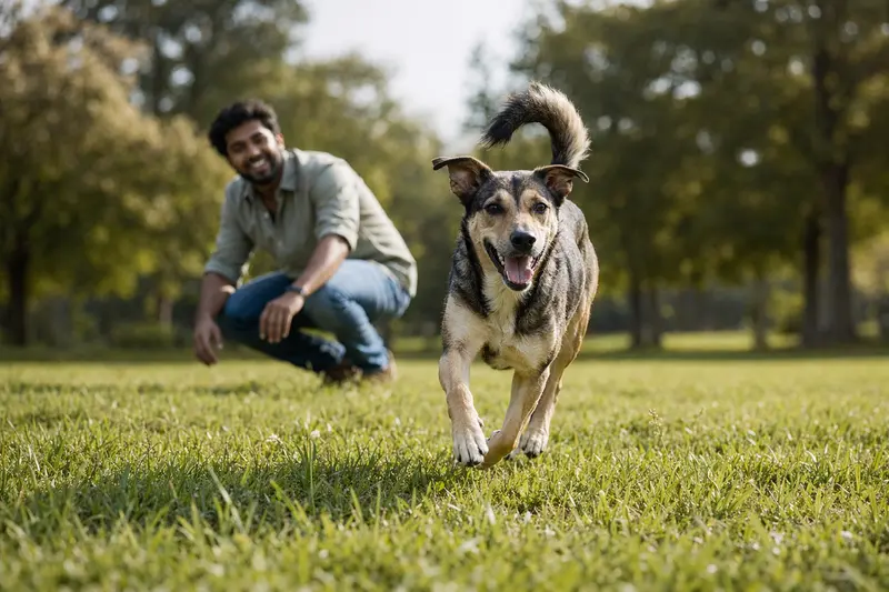 Ein fröhlicher Jonangi Hund läuft über eine grüne Wiese, während sein Besitzer im Hintergrund spielt.