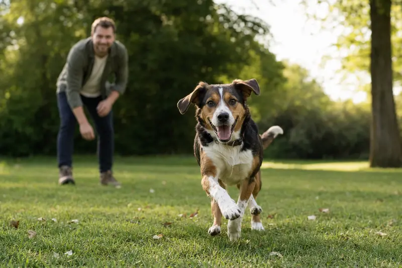 Ein fröhlicher Jugoslawischer Dreifarbiger Bracke Hund läuft über eine grüne Wiese, während sein Besitzer im Hintergrund spielt.