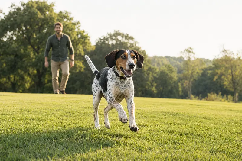 Ein vitaler Jura Laufhund läuft fröhlich über eine grüne Wiese im Park, während sein Besitzer im Hintergrund mit ihm spielt.