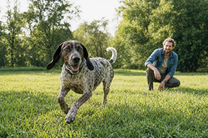Ein aktiver Jura Typ St. Hubert Laufhund springt fröhlich über eine grüne Wiese, während sein Besitzer im Hintergrund spielt.