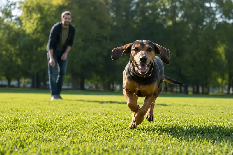 Ein lebendiger Kärntner Bracke Hund läuft fröhlich über eine grüne Wiese, während sein Besitzer im Hintergrund mit ihm spielt.