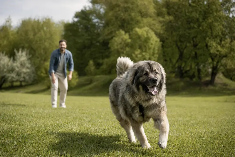 Ein fröhlicher Kafkas-Hund läuft über eine grüne Wiese, während sein Besitzer im Hintergrund mit ihm spielt.