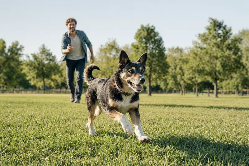 Ein fröhlicher Kai Inu Hund läuft über eine grüne Wiese, während sein Besitzer im Hintergrund spielt.