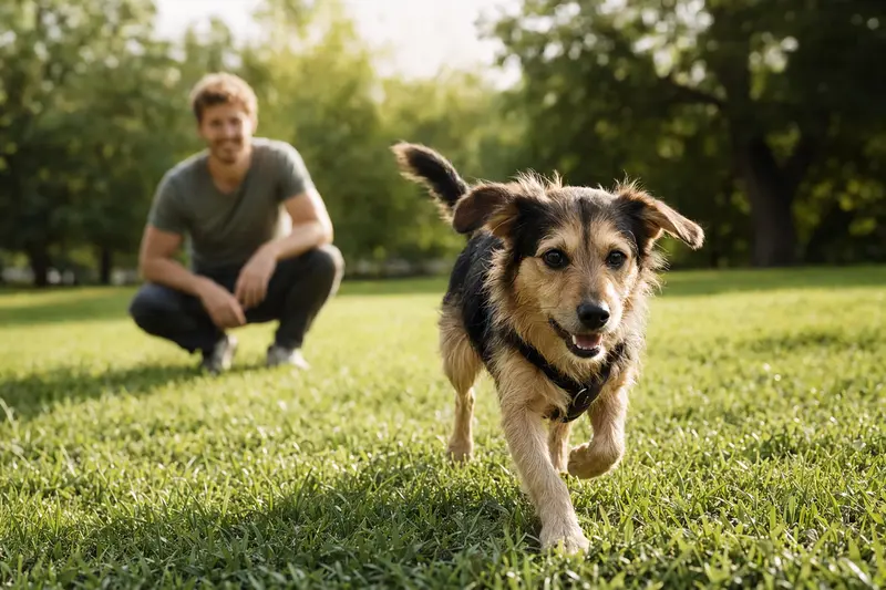 Ein fröhlicher Kaikadi Hund läuft über eine grüne Wiese, während sein Besitzer im Hintergrund spielt.