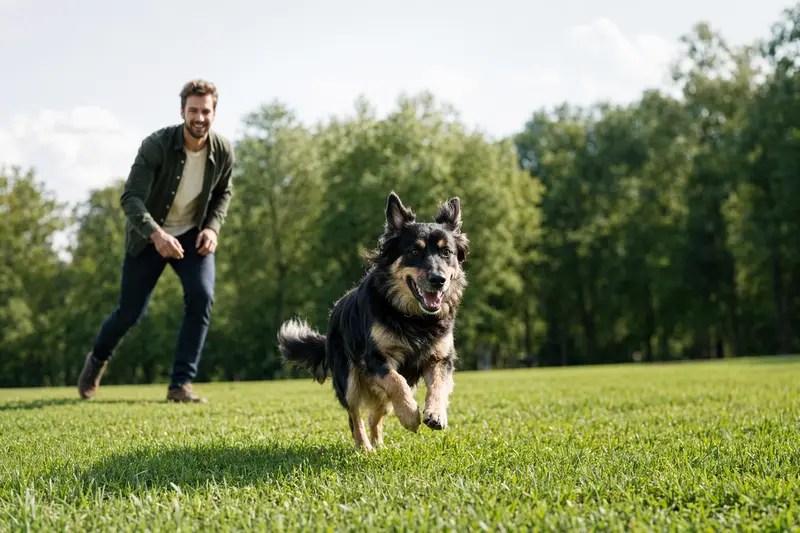 Ein fröhlicher kanadischer Schäferhund läuft über eine grüne Wiese, während sein Besitzer im Hintergrund spielt.