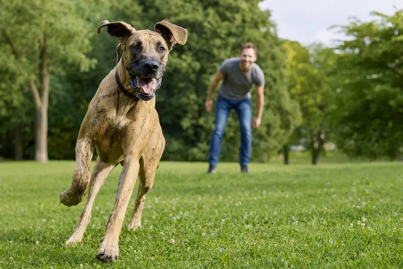 Eine vitaler Kanarische Dogge läuft fröhlich über eine grüne Wiese, während sein Besitzer im Hintergrund mit ihm spielt und eine positive Stimmung verbreitet.