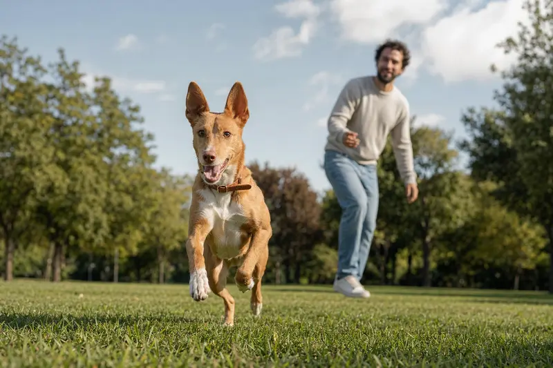 Kanarischer Podenco läuft fröhlich über eine grüne Wiese im Park, während sein Besitzer im Hintergrund mit ihm spielt.