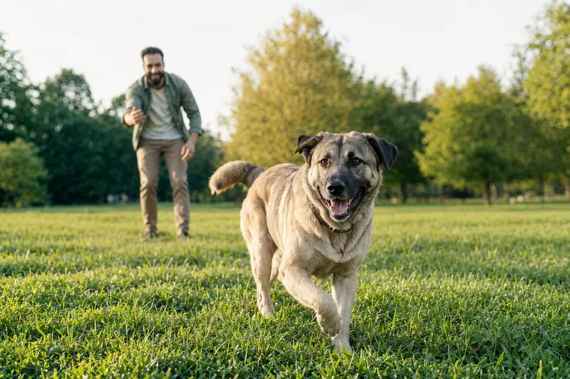 Ein fröhlicher Kangal Hund läuft über eine grüne Wiese, während sein Besitzer im Hintergrund mit ihm spielt.