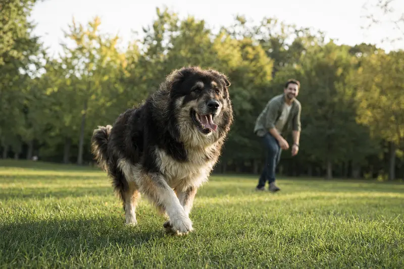 Ein fröhlicher Karakachan Hund läuft über eine grüne Wiese, während sein Besitzer im Hintergrund mit ihm spielt.
