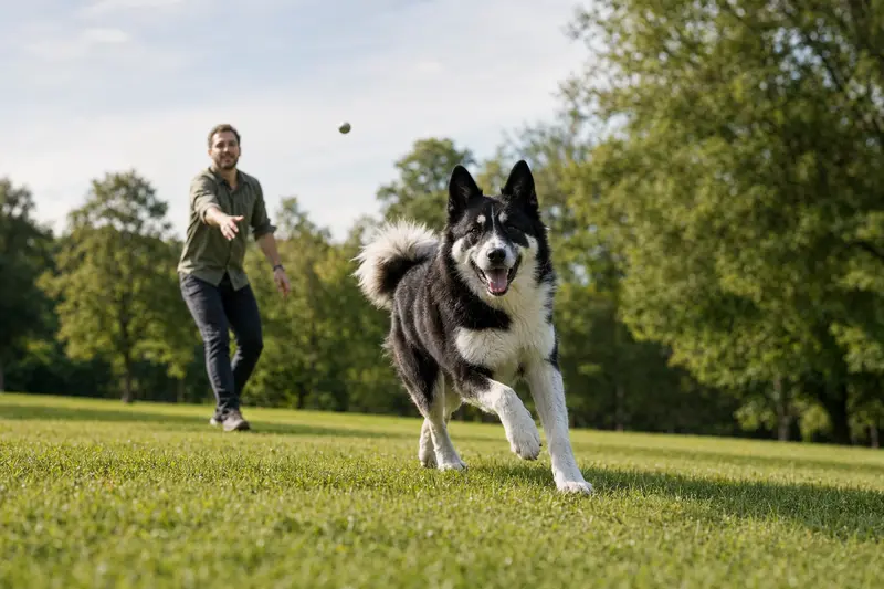 Ein Karelischer Bärenhund läuft fröhlich über eine grüne Wiese, während sein Besitzer im Hintergrund mit ihm spielt.