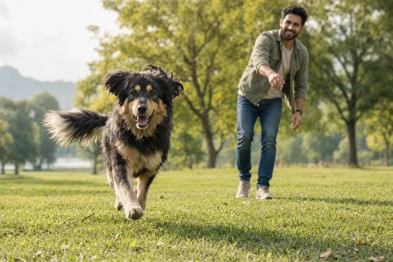 Ein aktiver Kashmiri Bakharwal Dog läuft fröhlich über eine grüne Wiese im Park.